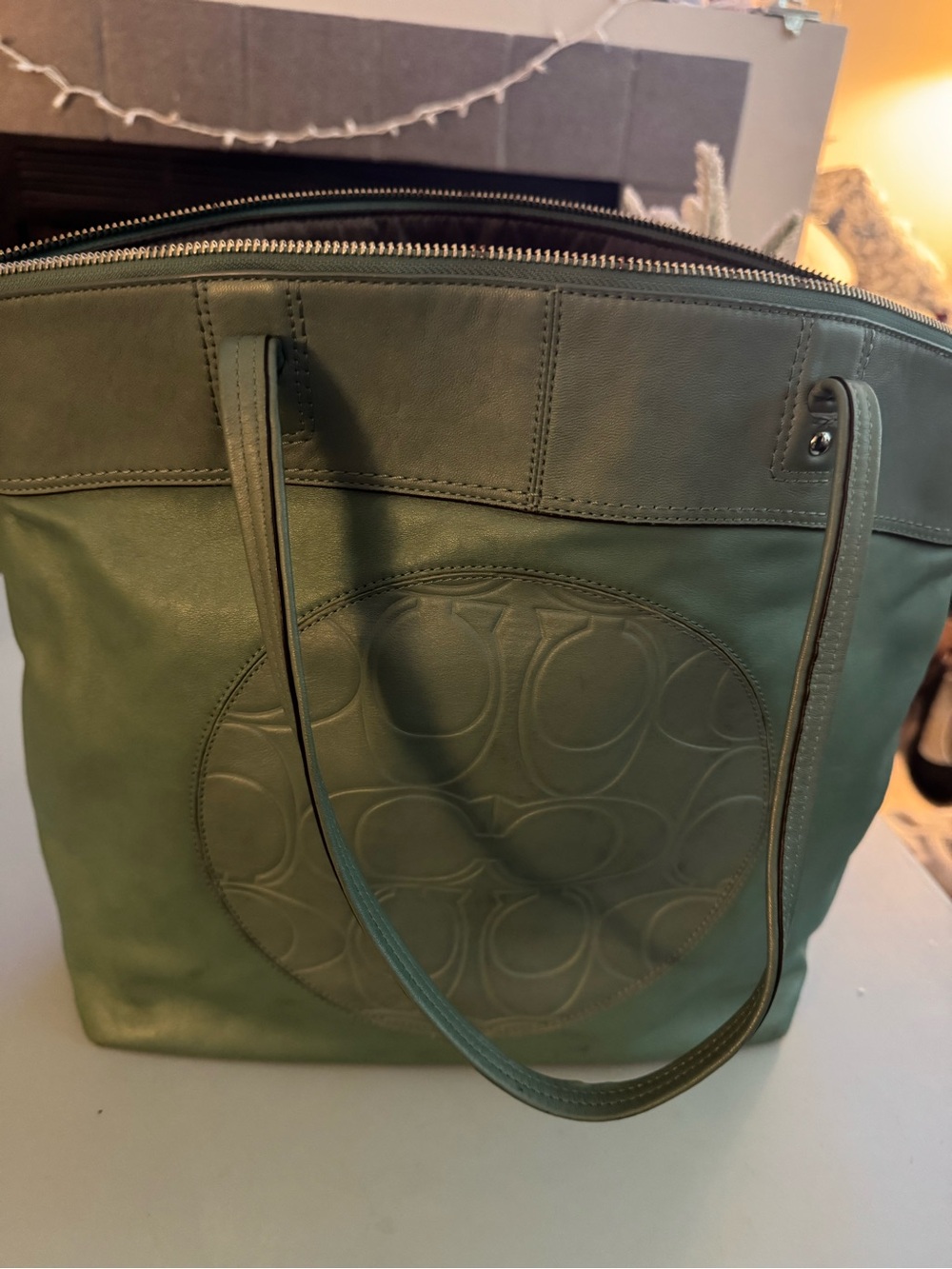 Coach Laura Large Tote Sage Green Signature C Leather Shoulder Bag Handbag